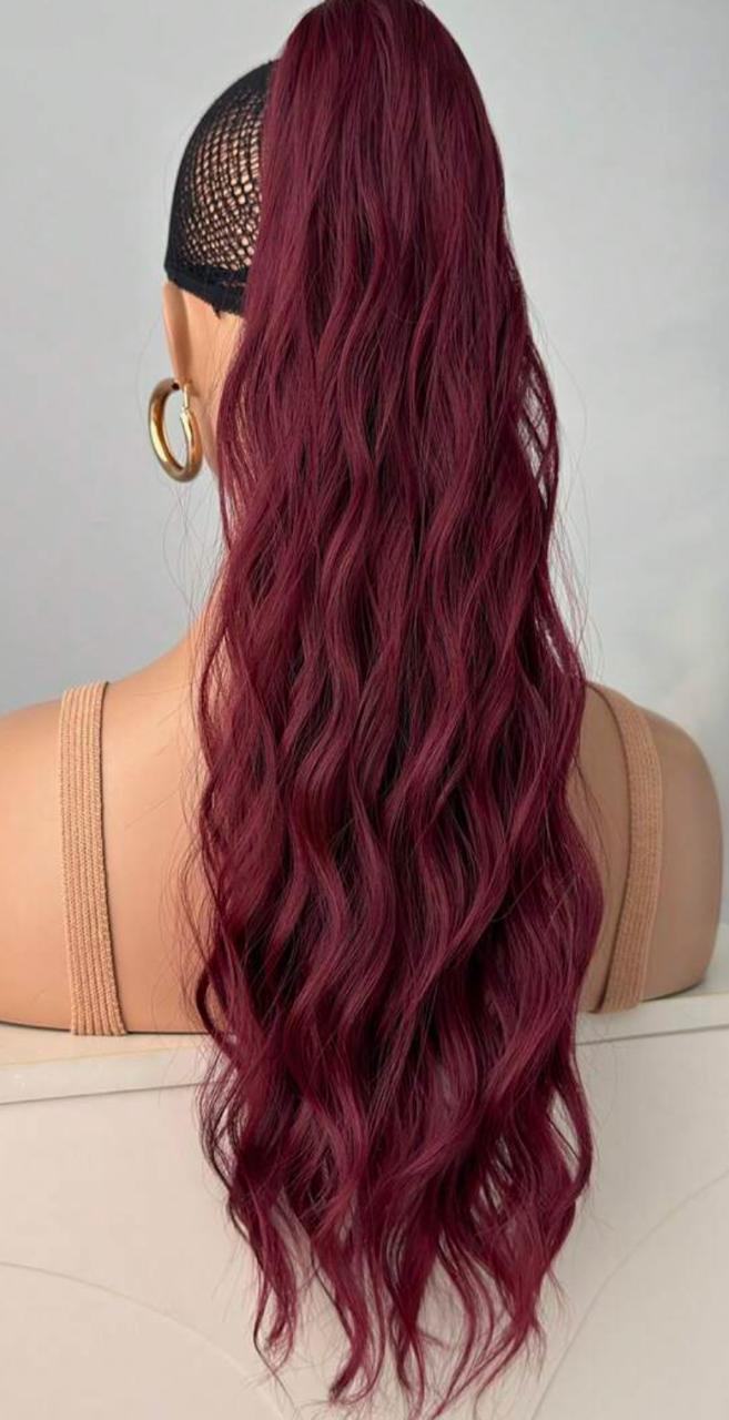 Nova 22" Burgundy Wavy Ponytail Extension – Wrap Around Clip-In